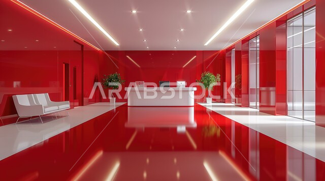 التصاميم والديكورات الداخلية للفنادق والمنتجعات الفاخرة، مكاتب وشركات تجارية في المملكة العربية السعودية، التصميم الراقي لردهة ومدخل الاستقبال باللون الأحمر، لوبي اوتيل بديزاينات عصرية حديثه