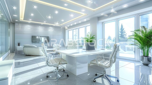 غرفة اجتماعات واسعة مع طاولة بيضاء محاطة بكراسي، التصميم العصري الحديث للمكاتب في الشركات السعودية، غرف مكتبية بتصاميم وديكورات داخلية فخمة، الواجهات الزجاجية الكبيرة 