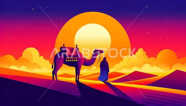 منظر غروب الشمس على الكثبان الرملية في المناطق الصحراوية، الاهتمام في تربية الجمال والإبل، حيوانات التنقل والسفر في القدم، رسوم توضيحية ظلية لرجل عربي خليجي سعودي يقود حيوان الجمل في الصحراء، مفهوم رعاية المواشي والثدييات، المناظر الطبيعية في الصحاري, سيلويت