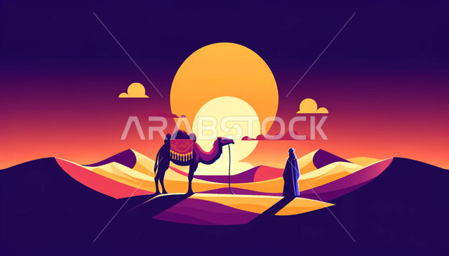 مفهوم رعاية المواشي والثدييات، منظر غروب الشمس على الكثبان الرملية في المناطق الصحراوية، الاهتمام في تربية الجمال والإبل، حيوانات التنقل والسفر في القدم، رسوم توضيحية ظلية لرجل عربي خليجي سعودي يقود حيوان الجمل في الصحراء، المناظر الطبيعية في الصحاري, سيلويت