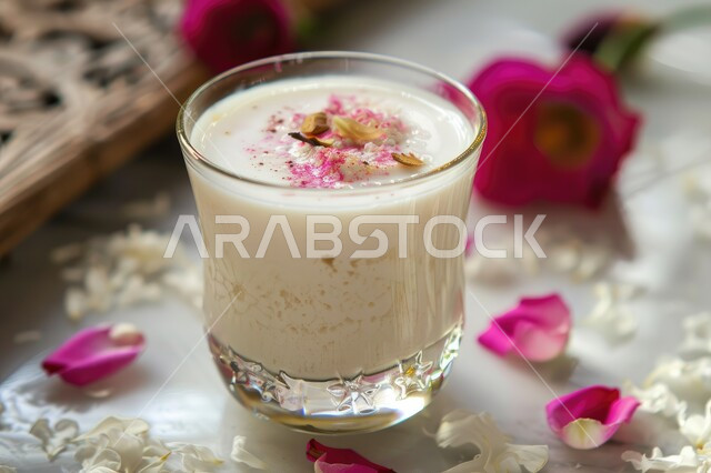 المشروبات الصيفية المنعشة والمثلجة ، صورة مقربة لكوب من عصير السوبيا البارد مزين بالورد ، العصائر الطبيعية اللذيذة ، عصير صحي ومفيد ، ضيافة الأعياد والمناسبات السعيدة