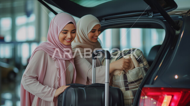  الذهاب في عطلة صيفية ممتعة, مفهوم السفر وزيارة مدن مختلفة، شابتان عربيتان خليجيتان سعوديتان محجبتان تضعان الأمتعة في الصندوق الخلفي للسيارة، تعابير وايماءات الحماس والفرح بالسياحة
