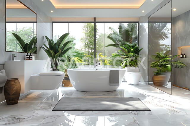  دورة مياه رخاميه فاخرة في أحد المباني السكنيه، الفن الهندسي المعماري للفلل والمنازل الراقية، الحمام الداخلي الحديث بألوان هادئة وفاتحة، ديكورات وتصاميم داخلية للحمامات وأحواض الاستحمام في الشقق السياحية