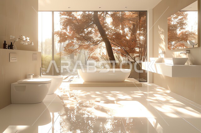  دورة مياه رخاميه فاخرة في أحد المباني السكنيه، الفن الهندسي المعماري للفلل والمنازل الراقية، الحمام الداخلي الحديث بألوان هادئة وفاتحة، ديكورات وتصاميم داخلية للحمامات وأحواض الاستحمام في الشقق السياحية