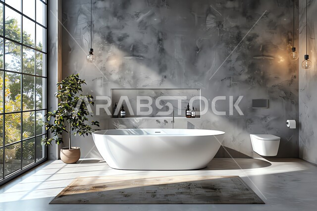  دورة مياه رخاميه فاخرة في أحد المباني السكنيه، الفن الهندسي المعماري للفلل والمنازل الراقية، الحمام الداخلي الحديث بألوان هادئة وفاتحة، ديكورات وتصاميم داخلية للحمامات وأحواض الاستحمام في الشقق السياحية