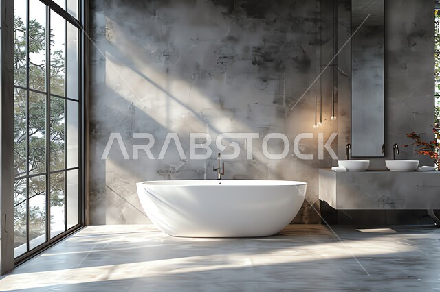 الفن الهندسي المعماري للفلل والمنازل الراقية، الحمام الداخلي الحديث بألوان هادئة وفاتحة، ديكورات وتصاميم داخلية للحمامات وأحواض الاستحمام في الشقق السياحية، دورة مياه رخاميه فاخرة في أحد المباني السكنيه