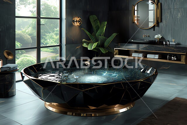 الحمام الداخلي الحديث مع نافذة زجاجية كبيرة مطلة على الأشجار الخضراء، أماكن للاسترخاء والابتعاد عن ضغوط الحياة، دورة مياه رخاميه فاخرة في الفلل والمنازل الراقية، ديكورات وتصاميم داخلية للحمامات وأحواض الاستحمام في الشقق السياحية