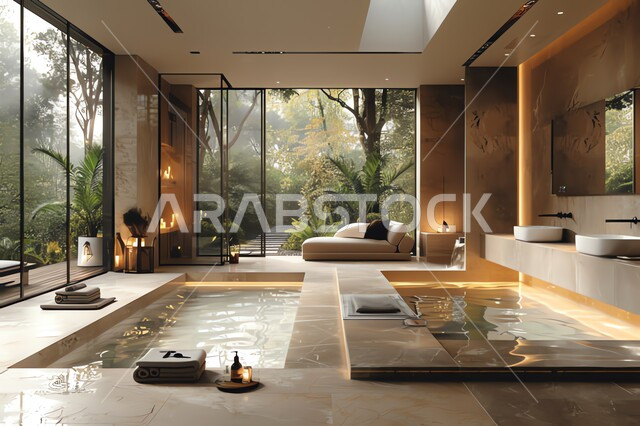 الحمام الداخلي الحديث مع نافذة زجاجية كبيرة مطلة على الأشجار الخضراء، أماكن للاسترخاء والابتعاد عن ضغوط الحياة، دورة مياه رخاميه فاخرة في الفلل والمنازل الراقية، ديكورات وتصاميم داخلية للحمامات وأحواض الاستحمام في الشقق السياحية