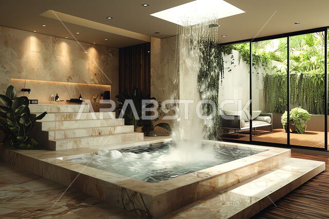 الحمام الداخلي الحديث مع نافذة زجاجية كبيرة مطلة على الأشجار الخضراء، أماكن للاسترخاء والابتعاد عن ضغوط الحياة، دورة مياه رخاميه فاخرة في الفلل والمنازل الراقية، ديكورات وتصاميم داخلية للحمامات وأحواض الاستحمام في الشقق السياحية