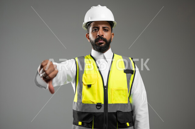 بورتريه مقرب لمهندس عربي سعودي خليجي يشير بإصبعه الإبهام لأسفل بإيماءات وجه ويدين مختلفة تدل على الرفض وعدم الموافقة, خلفية رمادي, محتوى حساس, استخدام حساس