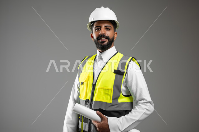 معلومات عن مشاريع هندسية، أوراق خاصة بالعمل، بورتريه مقرب لرجل خليجي عربي سعودي يرتدي الثوب التقليدي مع سترة وخوذة الحماية الخاصة بالعمل يحمل بيده مخطط البناء، خلفية رمادية , استخدام حساس , محتوى حساس