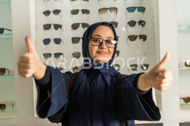 امرأة عربية مبتسمة داخل محل النظارات , تبدي اعجابها برفع الإبهامين تعبيرا عن الرضا ,