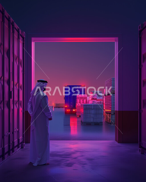 Receiving and transporting storage containers, supervising the export and import of goods in the Kingdom of Saudi Arabia, a picture from the back of a Saudi Gulf Arab man at the port of shipping goods and commercial containers, purple background