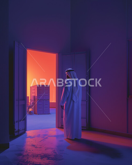 الاشراف ومراقبة استلام ونقل كونتينرات التخزين, إستيراد وتصدير البضاعة في المملكة العربية السعودية, صورة من الخلف لرجل عربي سعودي خليجي في ميناء شحن البضائع و الحاويات التجارية، خلفية بنفسجية
