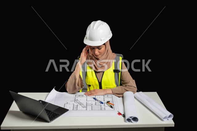 دراسة ومتابعة المشاريع الهندسية ، بورتريه لمهندسة عربية خليجية سعودية محجبة ترتدي الخوذة وسترة الحماية تضع يدها على رأسها بإيماءات تدل على التعب الشديد, الجد والاجتهاد في العمل، الإحساس بالارهاق والحاجة إلى الراحة ، خلفية سوداء