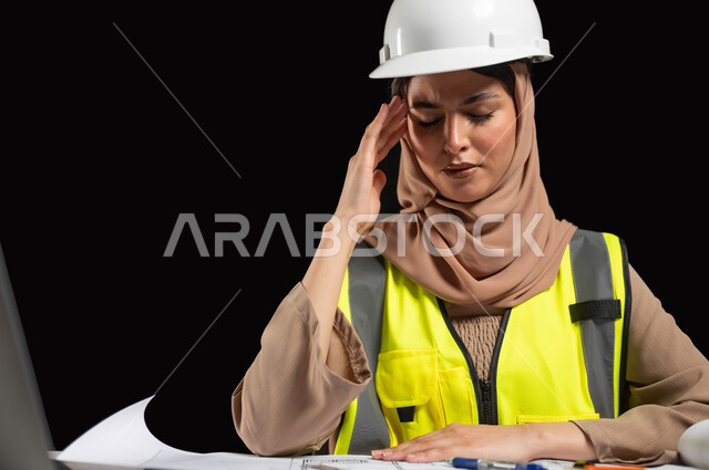 تنمية دور المرأة السعودية في مجال العمل, إدارة ودراسة المشاريع الهندسية، بورتريه مقرب لمهندسة عربية خليجية سعودية محجبة ترتدي الخوذة وسترة الحماية تضع يدها على رأسها بإيماءات تدل على التعب, الإحساس بالإرهاق الشديد والحاجة إلى الراحة، خلفية سوداء