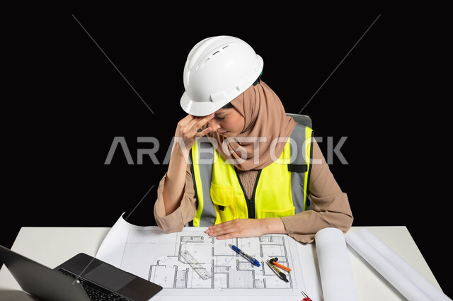 مهندسات المملكة العربية السعودية, إدارة ودراسة المشاريع الهندسية، بورتريه لمهندسة عربية خليجية سعودية محجبة ترتدي الخوذة وسترة الحماية تضع يدها على رأسها بإيماءات تدل على التعب والإرهاق, الجد والاجتهاد في العمل، مساهمة المرأة في المجتمع، خلفية سوداء