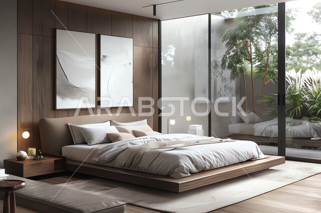 تصميم داخلي لغرفة نوم بأسلوب حديث، غرف بتصاميم داخلية عصرية فاخر، فلل وشقق سكنية بديكورات متطورة، فنون الهندسة المعمارية والديكور في الفنادق والمنتجعات المصممة بالطرق الحديثة، سرير ووسائد مريحة، أثاث منزلي راقي وأنيق