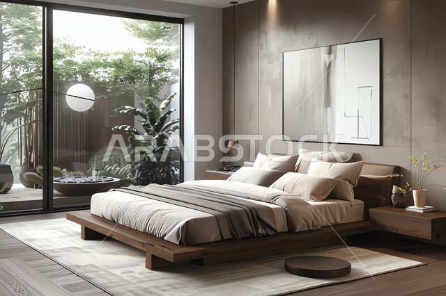 تصميم داخلي لغرفة نوم بأسلوب حديث، غرف بتصاميم داخلية عصرية فاخر، فلل وشقق سكنية بديكورات متطورة، فنون الهندسة المعمارية والديكور في الفنادق والمنتجعات المصممة بالطرق الحديثة، سرير ووسائد مريحة، أثاث منزلي راقي وأنيق