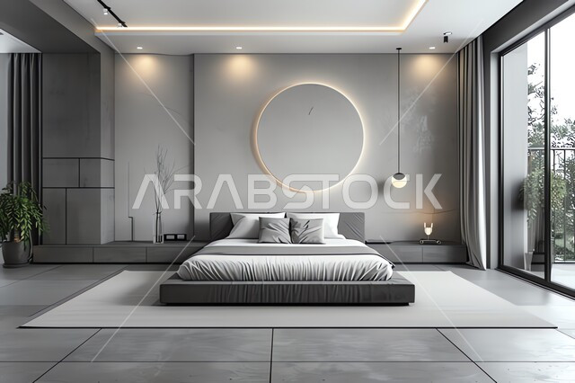 تصميم داخلي لغرفة نوم بأسلوب حديث، غرف بتصاميم داخلية عصرية فاخر، فلل وشقق سكنية بديكورات متطورة، فنون الهندسة المعمارية والديكور في الفنادق والمنتجعات المصممة بالطرق الحديثة، سرير ووسائد مريحة، أثاث منزلي راقي وأنيق