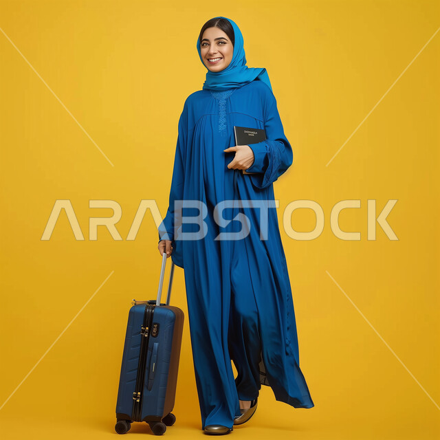 ايماءات المشي والذهاب، النظر إلى شيء ما بتعابير الفرح والسعادة، بورتريه لشابة عربية خليجية سعودية محجبة ترتدي العباءة الزرقاء تمسك حقيبة الأمتعة والباسبور بيدها، التجهز والاستعداد لقضاء رحلة صيفية ممتعة، السفر والسياحة في إجازة الصيف, خلفية صفراء