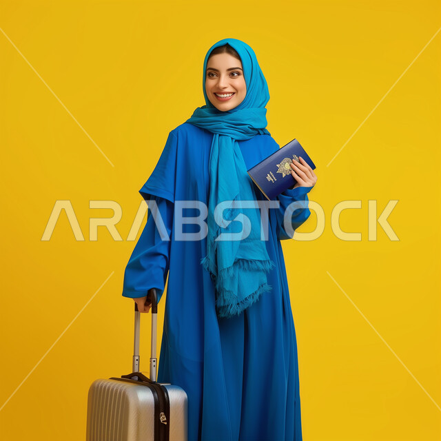 النظر إلى شيء ما بإيماءات وتعابير الفرح والسعادة، بورتريه لشابة عربية خليجية سعودية محجبة ترتدي العباءة الزرقاء تمسك حقيبة الأمتعة والباسبور بيدها، التجهز والاستعداد لقضاء رحلة صيفية ممتعة، السفر والسياحة في إجازة الصيف, خلفية صفراء