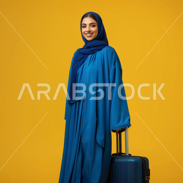 التجهز والاستعداد لقضاء رحلة صيفية ممتعة، السفر والسياحة في إجازة الصيف, النظر إلى الكاميرا بإيماءات وتعابير الفرح والسعادة، بورتريه لشابة عربية خليجية سعودية محجبة ترتدي العباءة الزرقاء تمسك حقيبة الأمتعة بيدها، خلفية صفراء