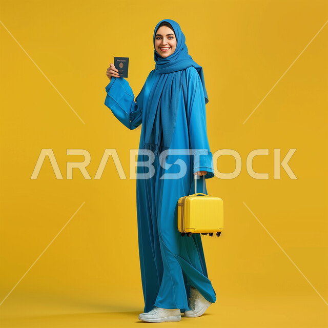  السياحة في إجازة الصيف, الاستعداد لقضاء رحلة صيفية ممتعة، النظر إلى الكاميرا بإيماءات وتعابير الفرح والسعادة، بورتريه لشابة عربية خليجية سعودية محجبة ترتدي العباءة الزرقاء تمسك حقيبة السفر والباسبور، صورة الجسم بالطول الكامل, خلفية صفراء