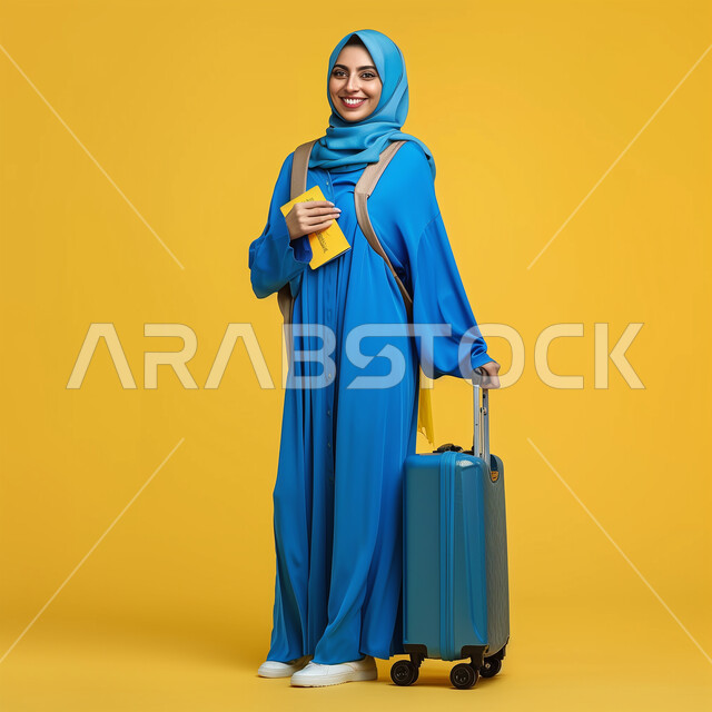 النظر إلى الكاميرا بإيماءات وتعابير الفرح والسعادة، السياحة في إجازة الصيف, بورتريه لشابة عربية خليجية سعودية محجبة ترتدي العباءة الزرقاء تمسك حقيبة السفر والباسبور، الاستعداد لقضاء رحلة صيفية ممتعة، صورة الجسم بالطول الكامل, خلفية صفراء