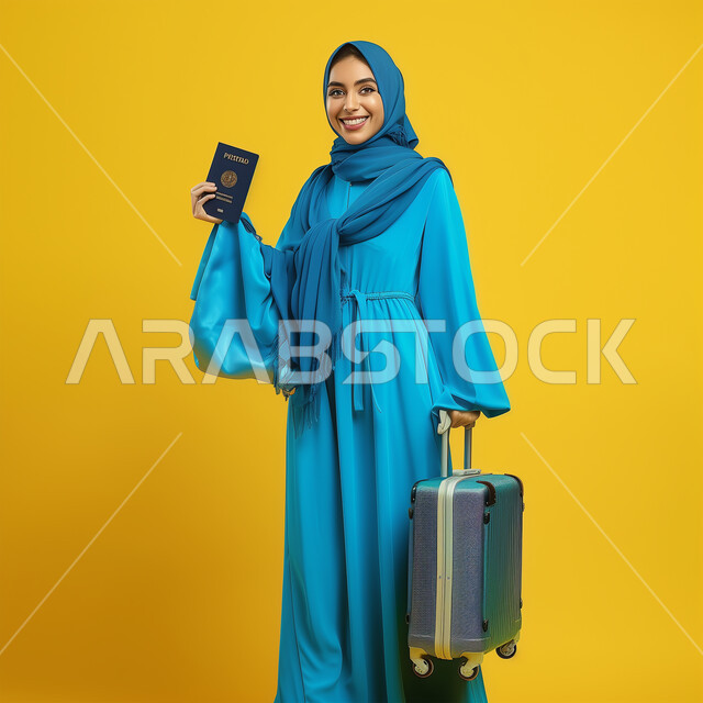 السفر والسياحة في إجازة الصيف, الاستعداد لقضاء رحلة صيفية ممتعة، النظر إلى الكاميرا بإيماءات وتعابير الفرح والسعادة، بورتريه لشابة عربية خليجية سعودية محجبة ترتدي العباءة الزرقاء تمسك حقيبة الأمتعة والباسبور، خلفية صفراء