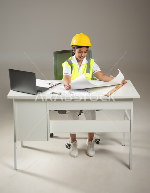 Completion of building plans, integration of modern technology into engineering work, children’s aspirations for future professions, portrait of a Saudi Gulf Arab girl wearing a protective jacket and helmet, monitoring work behind an engineering desk, full-body photo, gray background, sensitive content, sensitive use