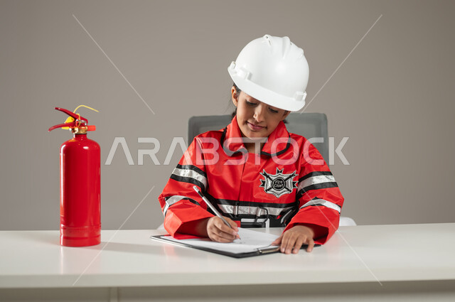 Helping people and volunteering in rescue operations, Saudi professions and jobs, portrait of a Saudi Gulf Arab girl wearing a helmet and a firefighter’s protective vest, sitting behind the desk and writing down important notes, gray background, sensitive content