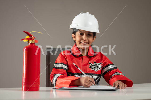 Looking at the camera with gestures indicating happiness and pleasure, Saudi professions and jobs, portrait of a Saudi Gulf Arab girl wearing a helmet and a firefighter’s protective vest, sitting behind the desk and writing down important notes, civil protection and civil defence, gray background, sensitive content