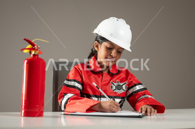 Humanitarian professions that require sacrifice and courage, the civil defense profession, a portrait of a Saudi Gulf Arab girl wearing a helmet and a firefighter’s protective vest, sitting behind a desk and writing notes, a fire extinguisher placed on the desk, gray background, sensitive content