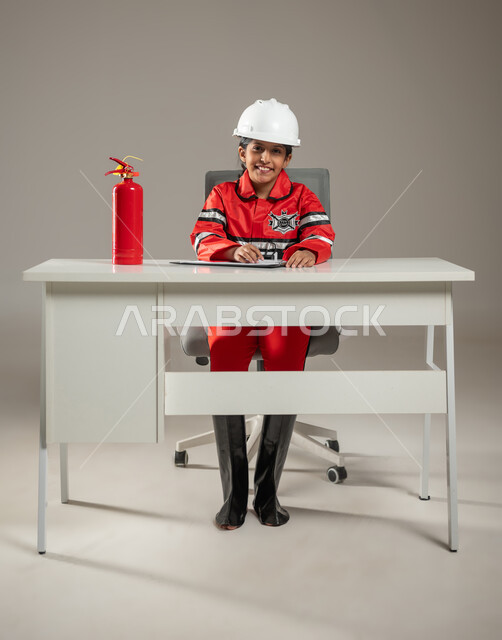 السعي وراء الاحلام من أجل تحقيقها, مهنة رجل الإطفاء والدفاع المدني, بورتريه لطفلة عربية خليجية سعودية ترتدي خوذة و سترة حماية خاصة برجال الإطفاء وحذاء خاص مقاوم للنيران تجلس وراء مكتب  تنظر إلى الكاميرا بابتسامة، خلفية رمادية,  محتوى حساس
