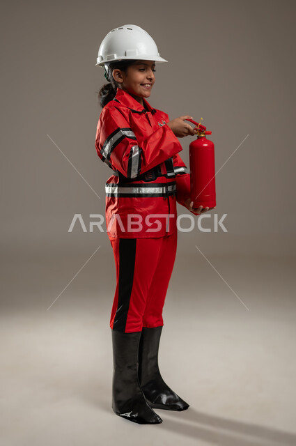 Future professions and jobs, a side portrait of a Saudi Gulf Arab girl wearing a helmet, firefighter protection jacket, and special fire-resistant shoes, standing and holding a fire extinguisher in her hand with different face and hand gestures, civil defense and civil protection, gray background, full-length body, sensitive content