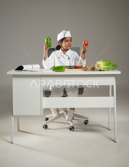 شغف الطبخ عند الأطفال وحلم الوصول لمهنة الشيف مستقبلاً, بورتريه لطفلة عربية خليجيه سعودية ترتدي لباس الطباخ الكامل تجلس وراء طاولة المطبخ المليئة بالخضروات الطازجة, أطباق صحية  ولذيذة, خلفية رمادية, محتوى حساس