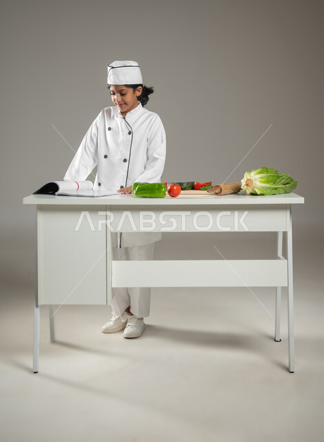 مهارات الإبتكار وإضافة اللمسات المميزة على الأطباق, بورتريه بخلفية رمادية لطفلة عربية خليجيه سعودية ترتدي لباس الطباخ الخاص تنظر إلى كتاب وصفات الطهي, فن الطبخ والحلويات, إعداد الوجبات الصحية, محتوى حساس