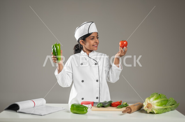 Modern learning in children through sensory interaction with things, grasping vegetables of different shapes and distinguishing between them, portrait of a Saudi Arabian Gulf girl wearing a chef’s uniform with a white hat in front of her, a kitchen table with the necessary tools on it, gray background, sensitive content
