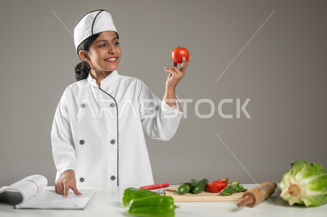 الشيف الصغيرة تمسك بحبة الطماطم وتنظر إليها بسعادة, بورتريه لطفلة عربية خليجيه سعودية ترتدي لباس الطباخ مع القبعة البيضاء وأمامها على الطاولة خضروات متنوعة, تقطيع الخصار وإعداد السلطة, خلفية رمادية، محتوى حساس