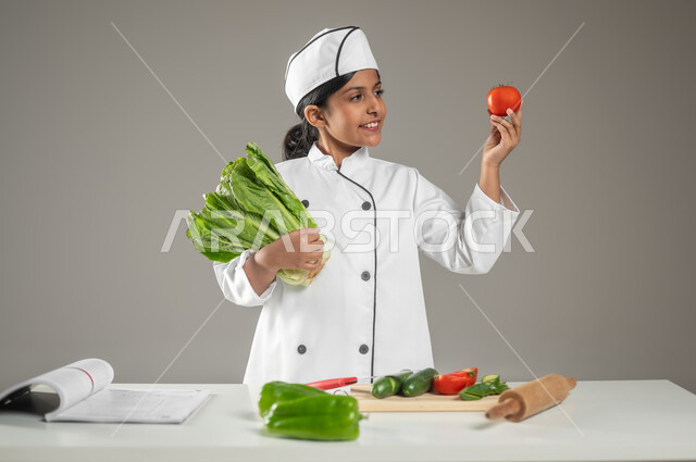 Start preparing the ingredients and ensure their safety, a portrait of a Saudi Gulf Arab girl wearing a chef’s uniform with a long white hat in front of her on the table, various vegetables, cutting vegetables and preparing salad, easy and delicious recipes, gray background, sensitive content