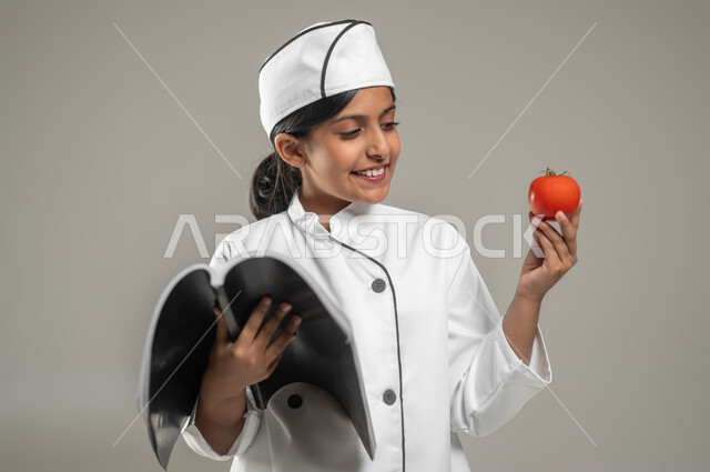 الإمساك بالطماطم والنظر إليها عن قرب بإيماءات السعادة, بورتريه لطفلة عربية خليجيه سعودية ترتدي لباس الطباخ الكامل مع قبعته وتمسك بيدها حبة طماطم وباليد الأخرى تحمل كتاب الوصفات, تعليم بطرائق مبتكرة وجديدة, خلفية رمادية, محتوى حساس