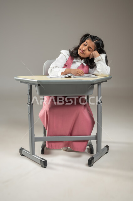 Laziness and exhaustion as a result of staying up late at night, the importance of following a healthy sleep regime, a Saudi Arabian Gulf student wearing the official school uniform, resting her head with her hand on the seat and closing her eyes, the need for sleep and rest, portrait with a gray background, sensitive content