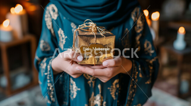 تقديم الهدايا في المناسبات السعيدة، الحصول على الهدية بمناسبة العيد، صورة مقربة لشابة عربية خليجية سعودية محجبة ترتدي العباءة تحمل بيدها علبة مغلفة، الاحتفال بقدوم الأعياد الاسلامية