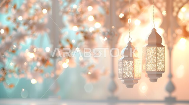  فوانيس عربية تقليدية معدنية مزخرفة مضيئة، الأجواء الروحانية بقدوم شهر رمضان المبارك، الاحتفال بالأعياد والمناسبات الدينية، خلفية رمضانية ثلاثية الأبعاد ، ديكورات وتحف وأنوار اسلامية، الاستعداد لاستقبال شهر الخير