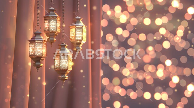 الاستعداد لاستقبال شهر الخير، فوانيس عربية تقليدية معدنية مزخرفة مضيئة، الأجواء الروحانية بقدوم شهر رمضان المبارك، الاحتفال بالأعياد والمناسبات الدينية، خلفية رمضانية ثلاثية الأبعاد ، ديكورات وتحف وأنوار اسلامية
