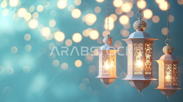 ديكورات وتحف وأنوار اسلامية، الاستعداد لاستقبال شهر الخير، فوانيس عربية تقليدية معدنية مزخرفة مضيئة، الأجواء الروحانية بقدوم شهر رمضان المبارك، الاحتفال بالأعياد والمناسبات الدينية، خلفية رمضانية ثلاثية الأبعاد 