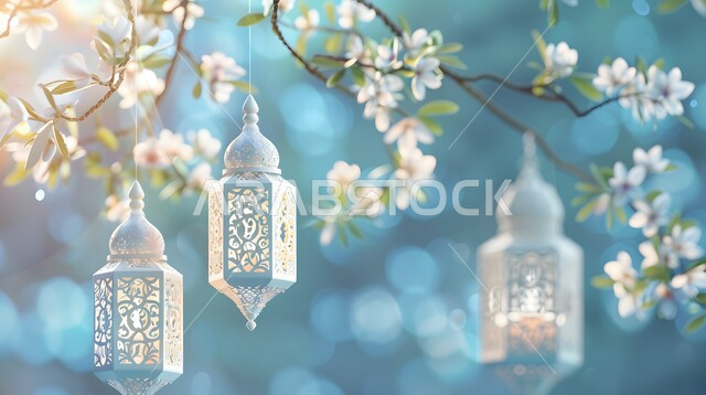  فوانيس عربية تقليدية معدنية مزخرفة مضيئة، الأجواء الروحانية بقدوم شهر رمضان المبارك، الاحتفال بالأعياد والمناسبات الدينية، خلفية رمضانية ثلاثية الأبعاد ، ديكورات وتحف وأنوار اسلامية، الاستعداد لاستقبال شهر الخير
