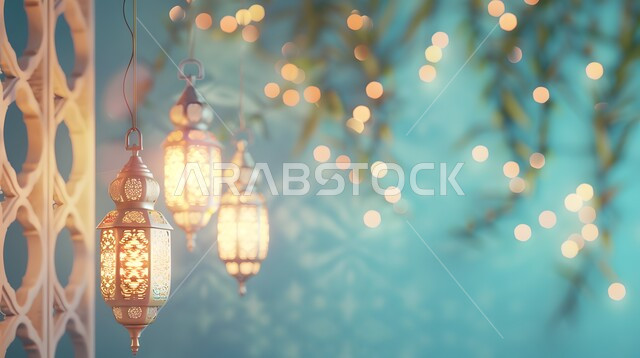 ديكورات وتحف وأنوار اسلامية، الاستعداد لاستقبال شهر الخير، فوانيس عربية تقليدية معدنية مزخرفة مضيئة، الأجواء الروحانية بقدوم شهر رمضان المبارك، الاحتفال بالأعياد والمناسبات الدينية، خلفية رمضانية ثلاثية الأبعاد 