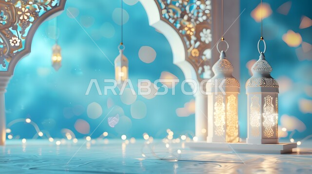  فوانيس عربية تقليدية معدنية مزخرفة مضيئة، الأجواء الروحانية بقدوم شهر رمضان المبارك، الاحتفال بالأعياد والمناسبات الدينية، خلفية رمضانية ثلاثية الأبعاد ، ديكورات وتحف وأنوار اسلامية، الاستعداد لاستقبال شهر الخير